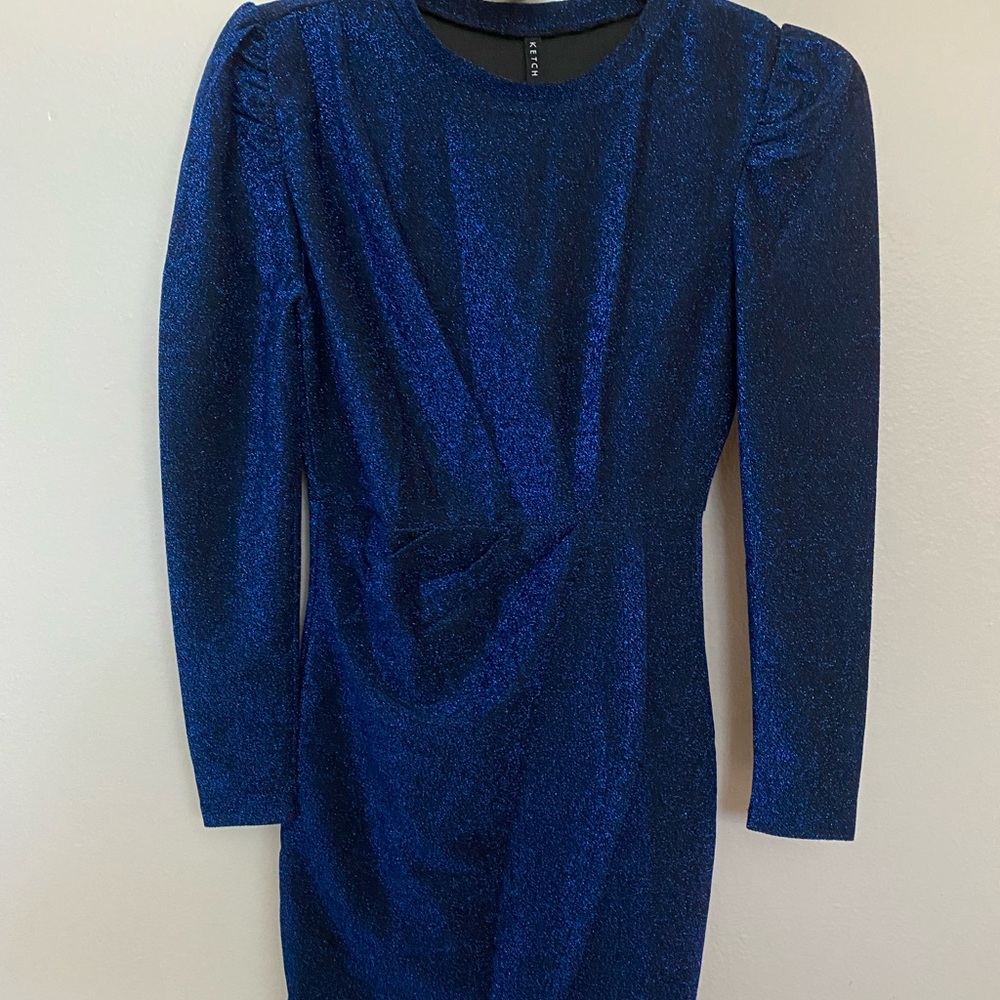 Blue Metallic Long-Sleeve Cocktail Dress